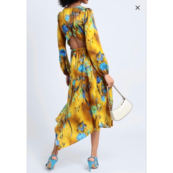 TOPSHOP Blurred Floral Waterfall Hem Wrap Midi Occasion Dress in Green and Blue - Picture 11 of 14